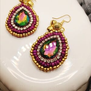 Boho Crystal And Glass Beaded Dangle/Drop Earrings With Gold Bells Artisan Made